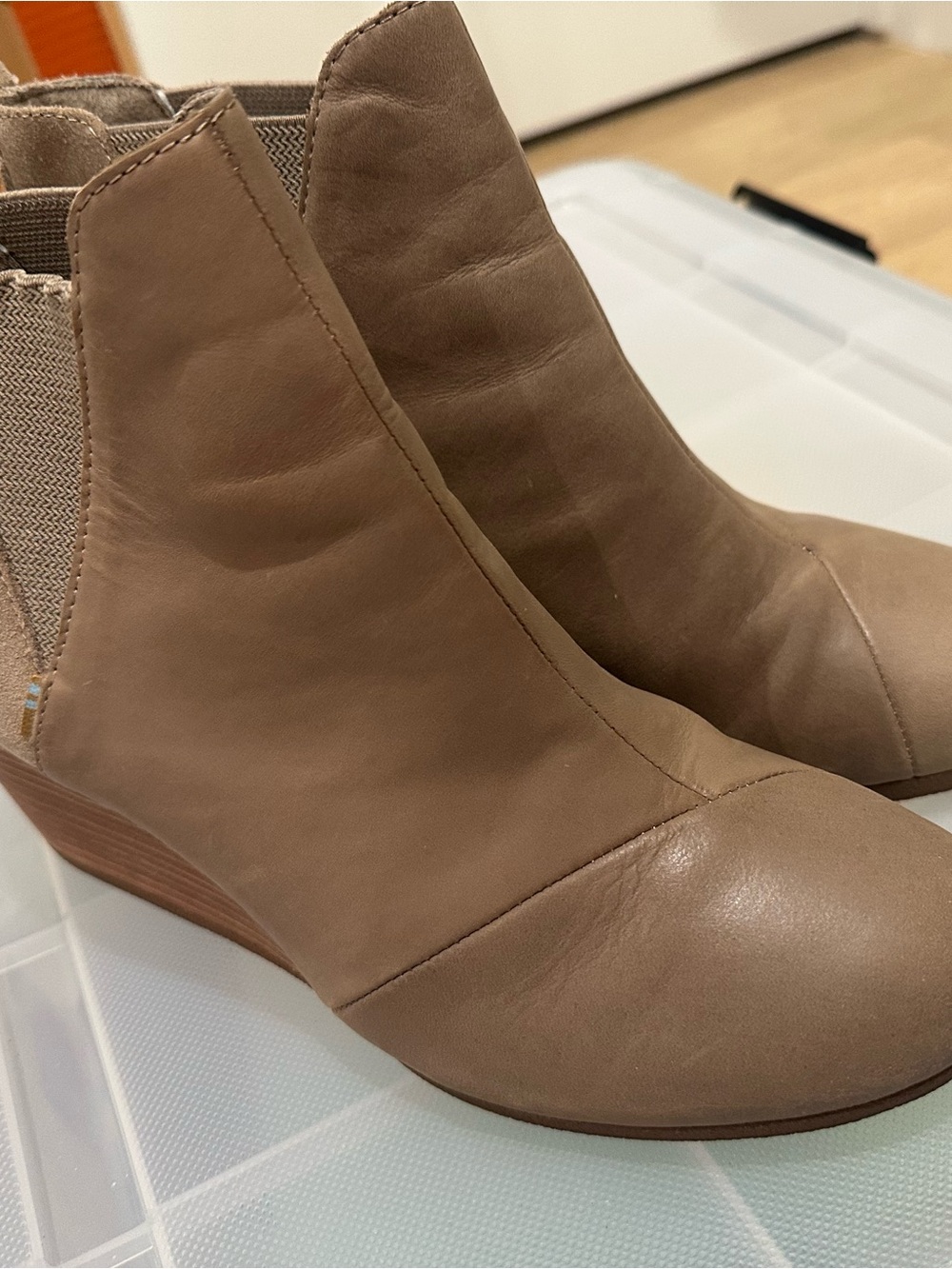 Toms Taupe Leather Wedge Ankle Boots